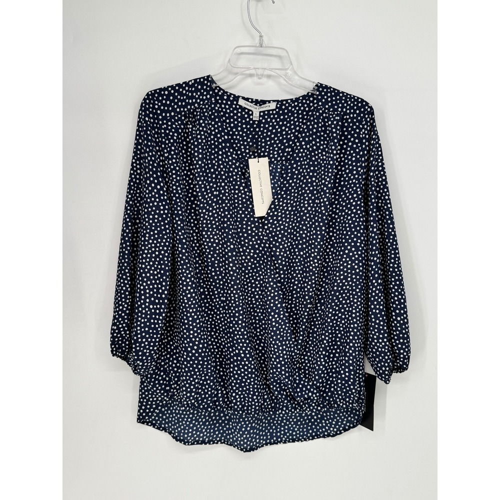 Collective Concepts Blouse Womens L Navy Blue New Polka Dot Wrap High-Low Top
